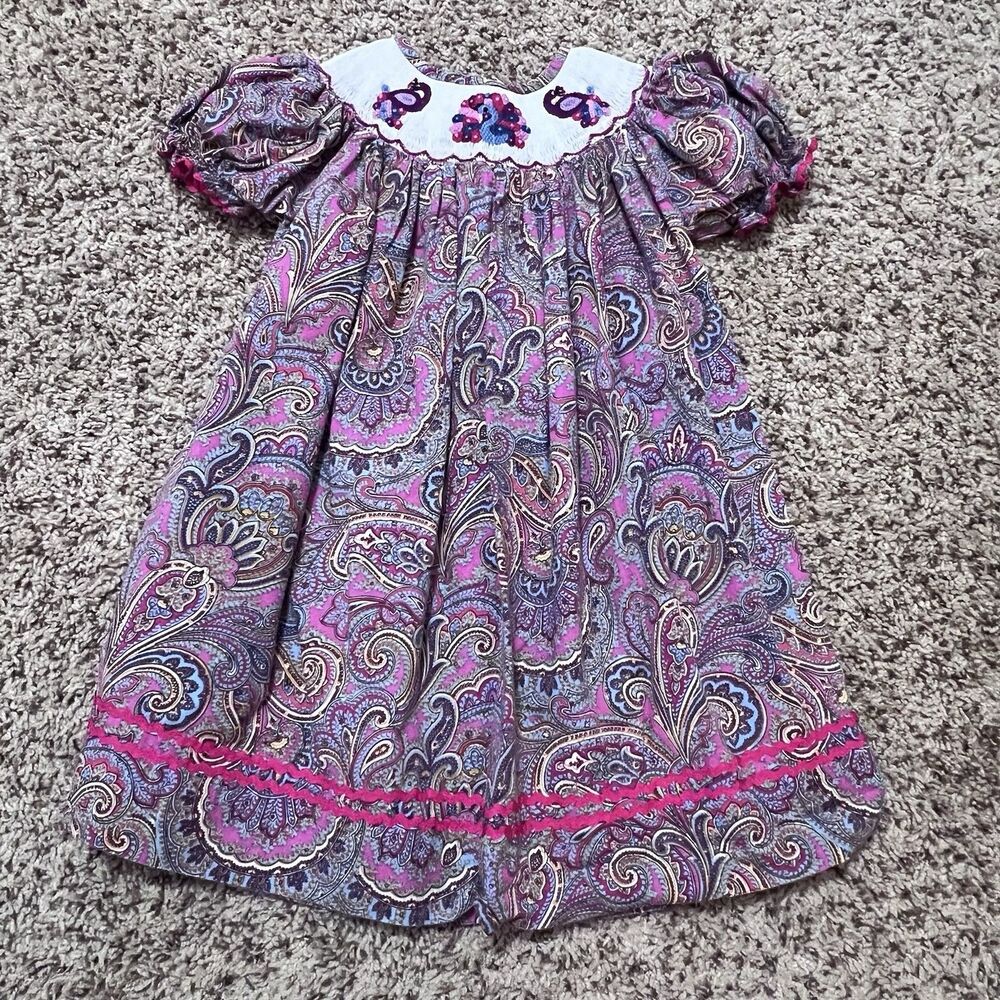 Smocked Blessings Paisley Printed Smocked Dress With Peacocks Size 24 Months